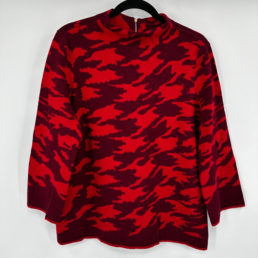 Chicos Red Burgundy Abstract Camo Mock Neck Sweater 2P US LP Back Zip